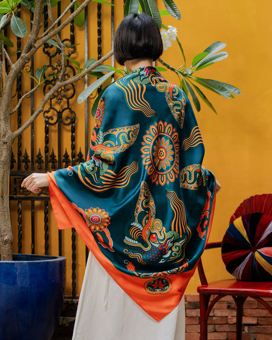 Dragon Dreams Silk Scarf / Orange & Dark Green / 110x110cm / 44x44in