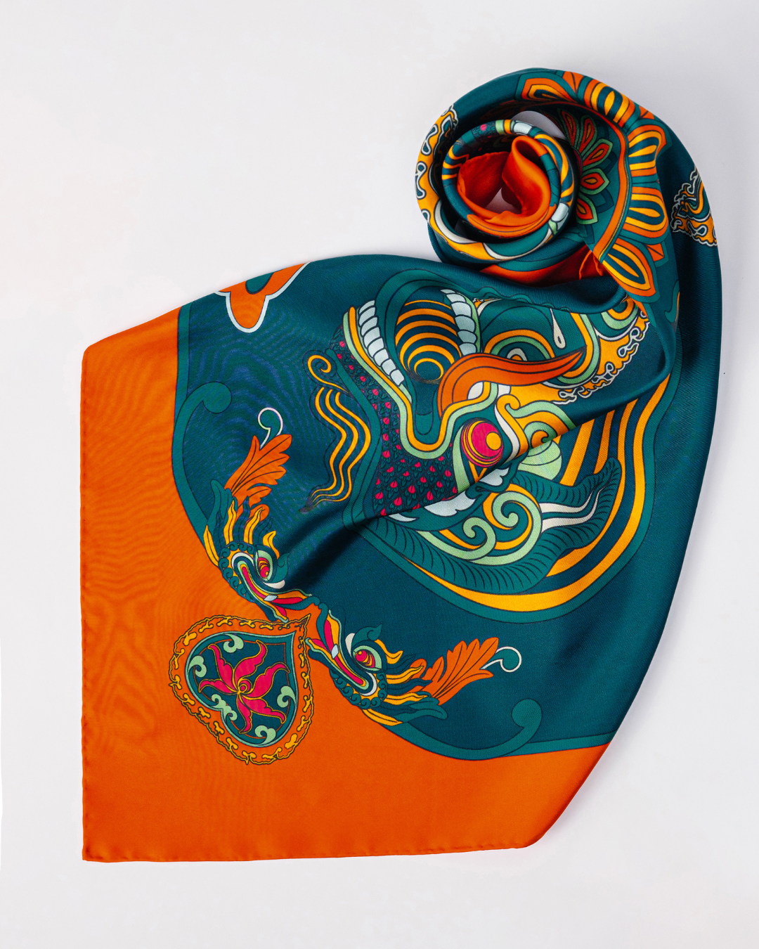 Dragon Dreams Silk Scarf / Orange & Dark Green / 110x110cm / 44x44in