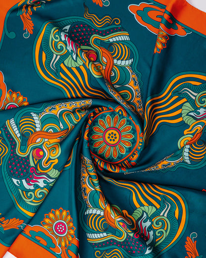 Dragon Dreams Silk Scarf / Orange & Dark Green / 110x110cm / 44x44in