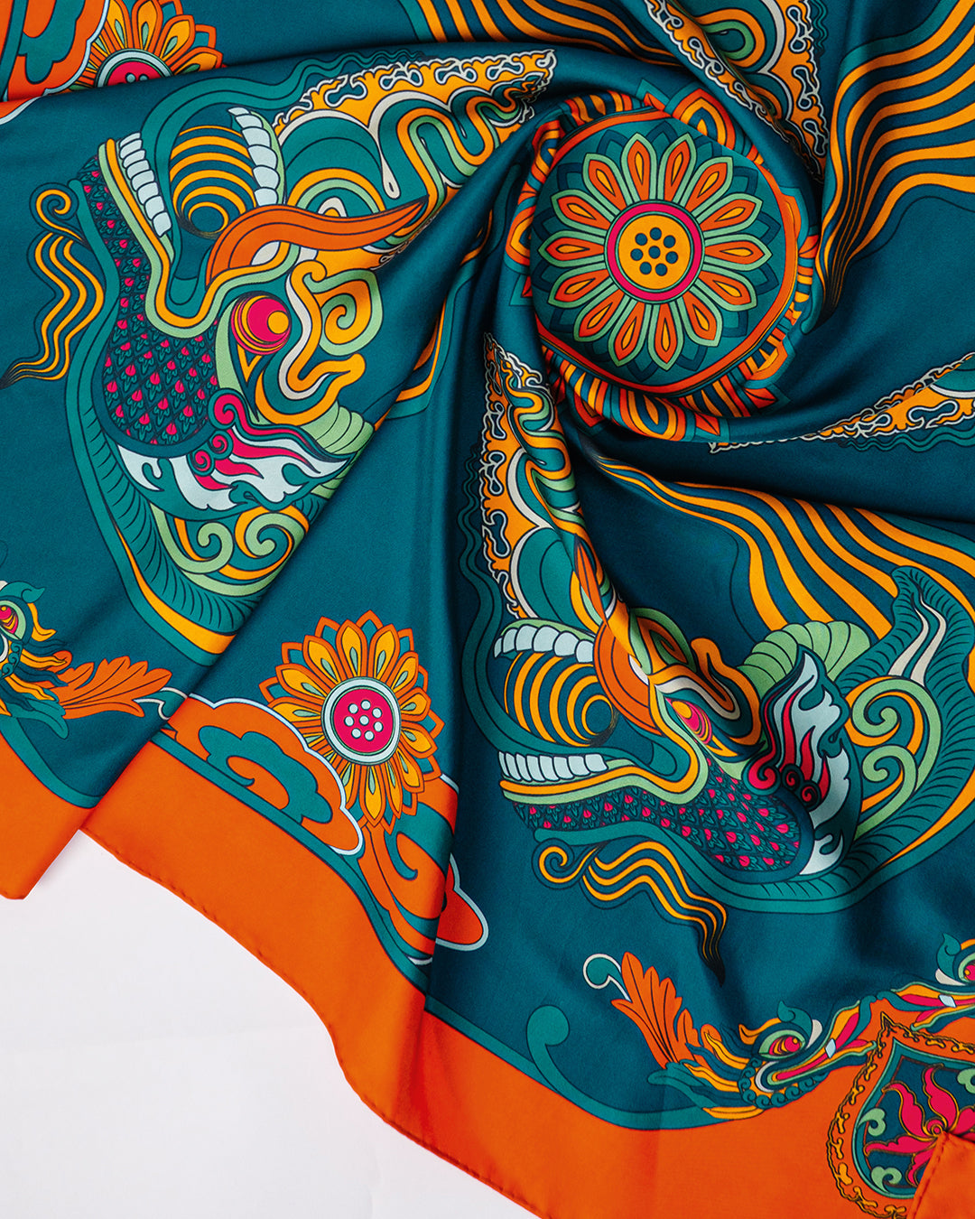Dragon Dreams Silk Scarf / Orange & Dark Green / 110x110cm / 44x44in
