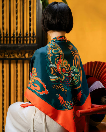 Dragon Dreams Silk Square Scarf / Orange & Dark Green