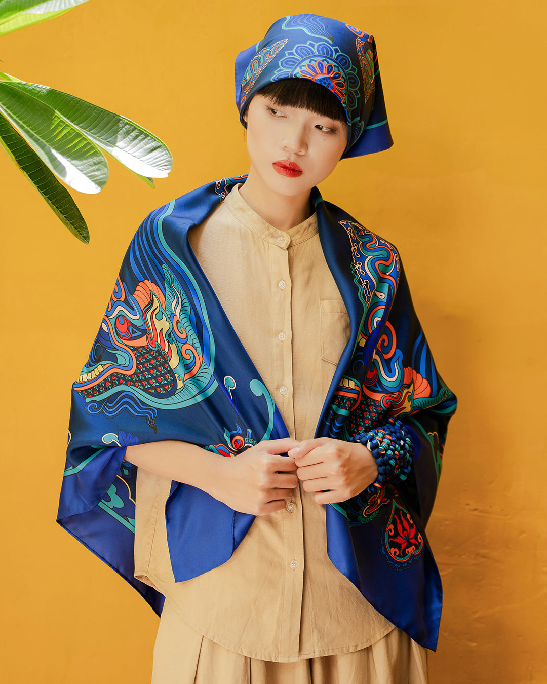 Dragon Dreams Silk Scarf / Navy Blue / 110x110cm / 44x44in