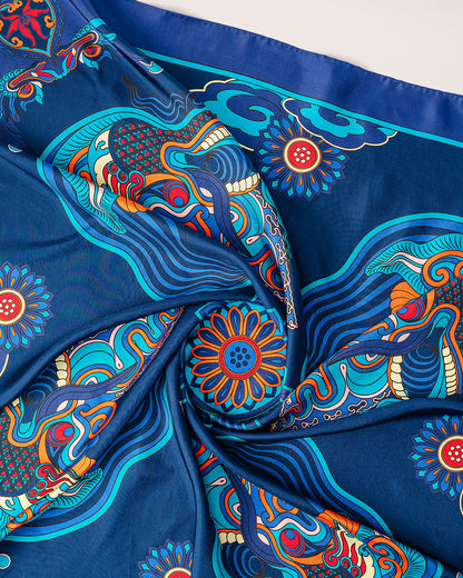 Dragon Dreams Silk Scarf / Navy Blue / 110x110cm / 44x44in