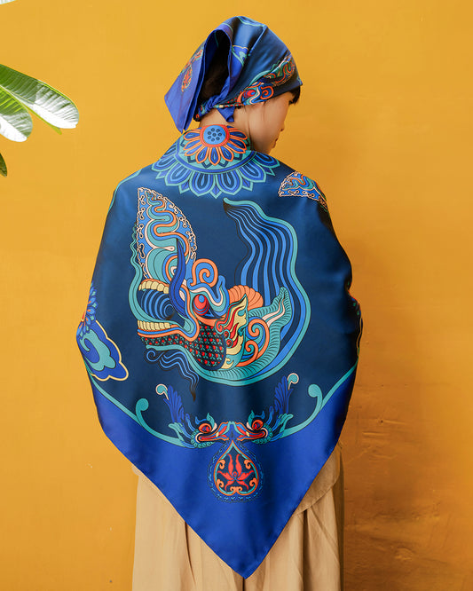 Dragon Dreams Silk Scarf / Navy Blue / 110x110cm / 44x44in