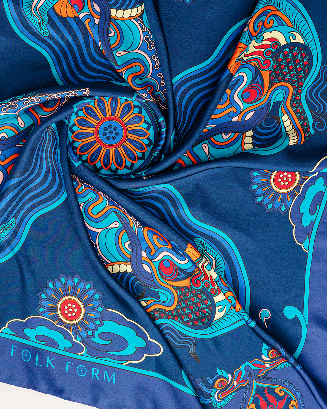 Dragon Dreams Silk Scarf / Navy Blue / 110x110cm / 44x44in