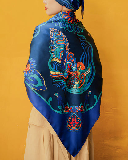 Dragon Dreams Silk Scarf / Navy Blue / 110x110cm / 44x44in