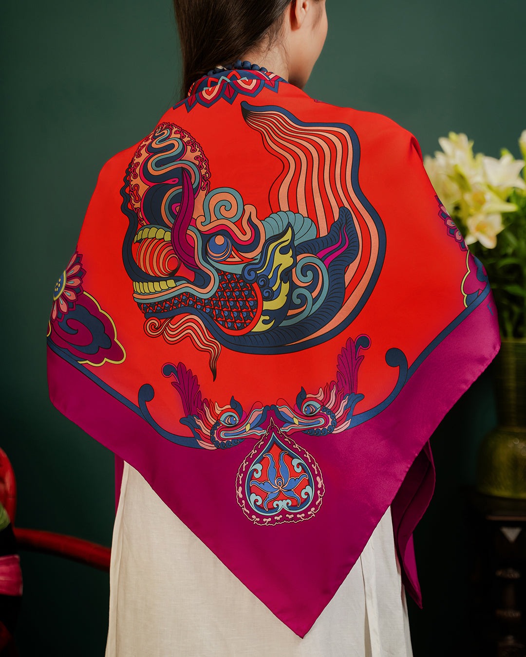 Dragon Dreams Silk Square Scarf / Red