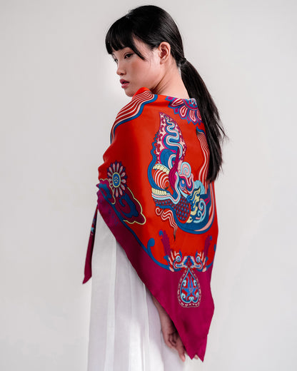 Dragon Dreams Silk Scarf / Red / 110x110cm / 44x44in