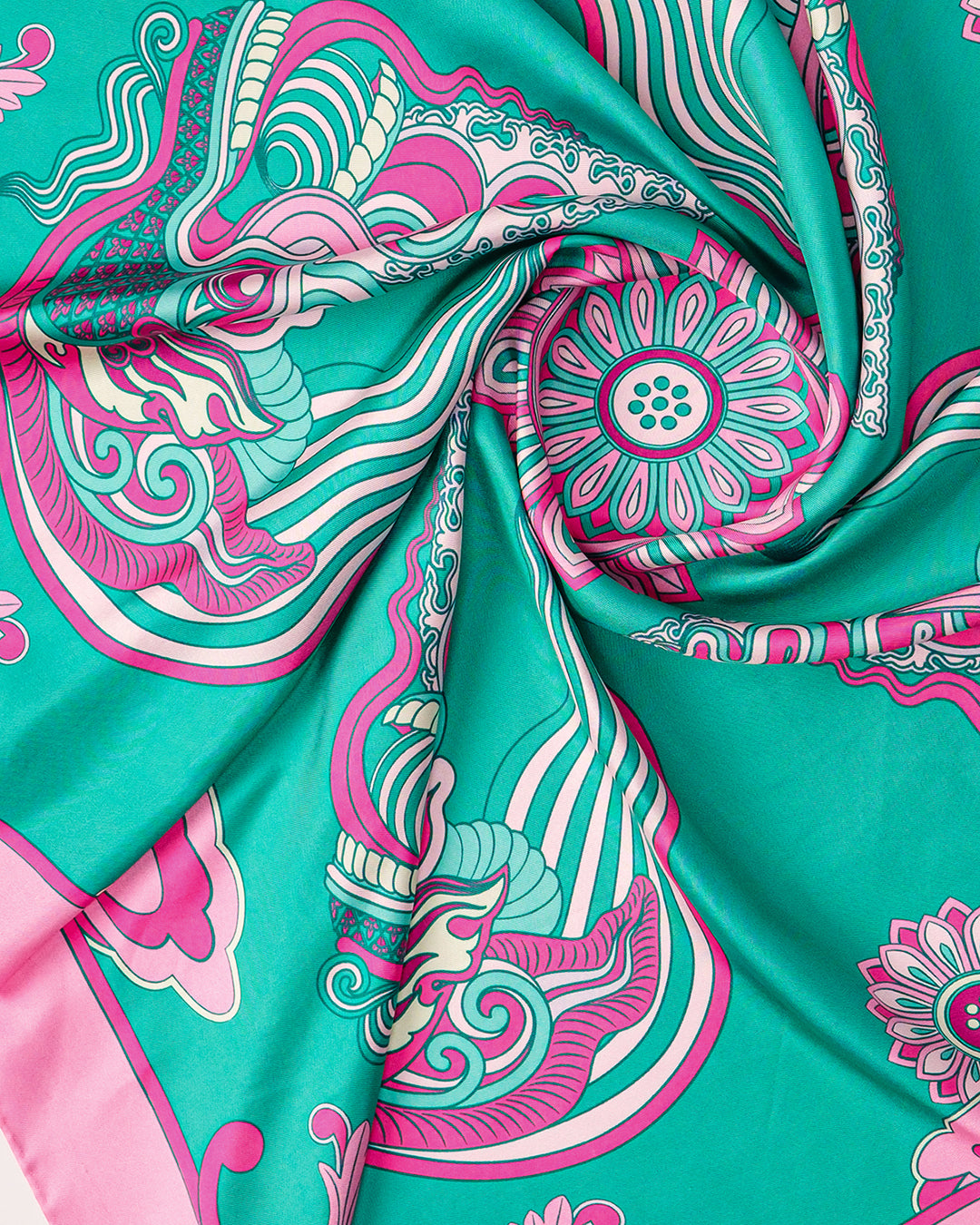 Dragon Dreams Silk Scarf / Pink & Turquoise / 110x110cm / 44x44in