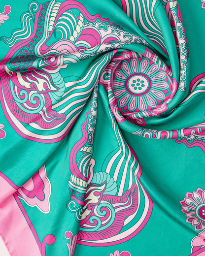 Dragon Dreams Silk Scarf / Pink & Turquoise / 110x110cm / 44x44in