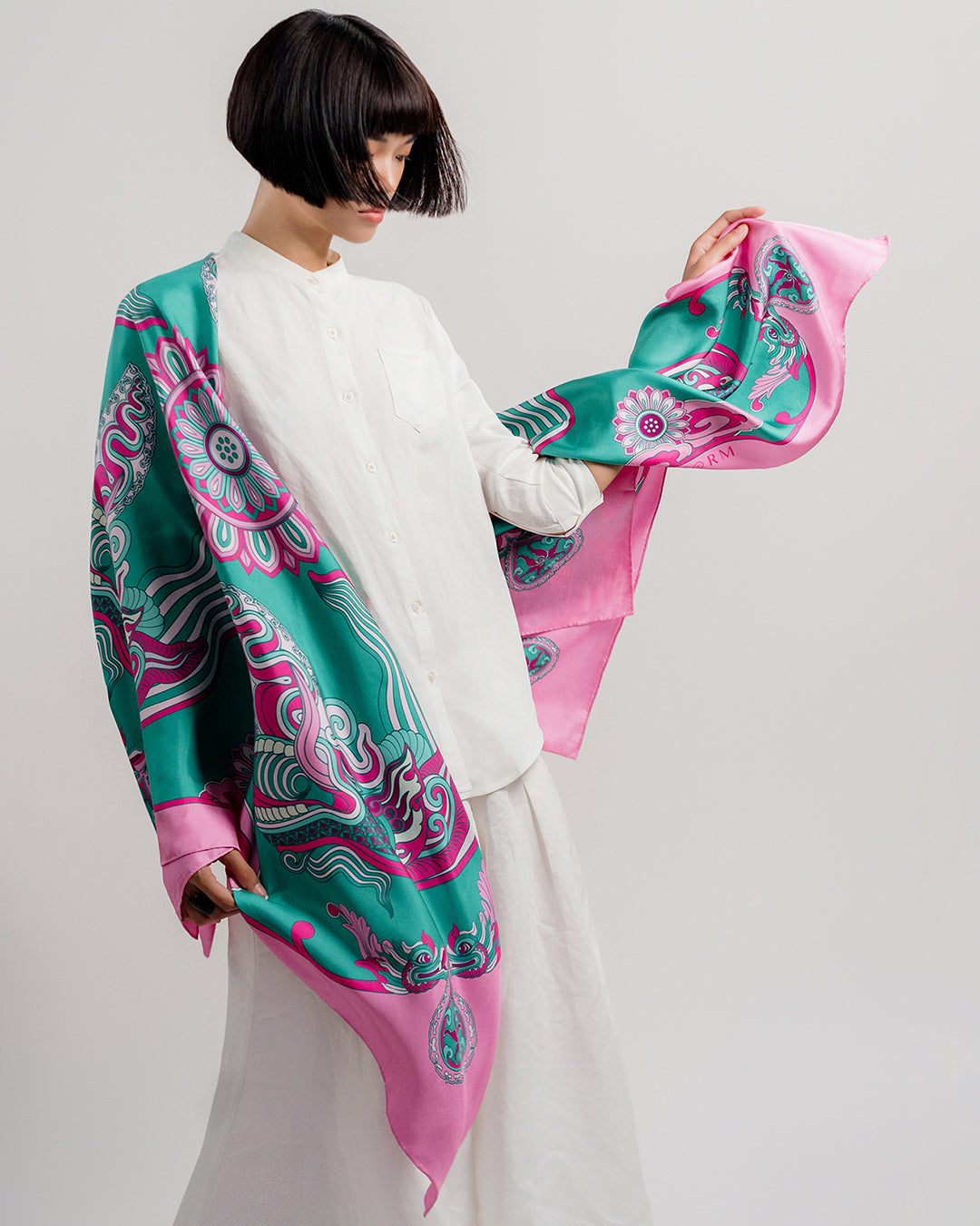 Dragon Dreams Silk Scarf / Pink & Turquoise / 110x110cm / 44x44in