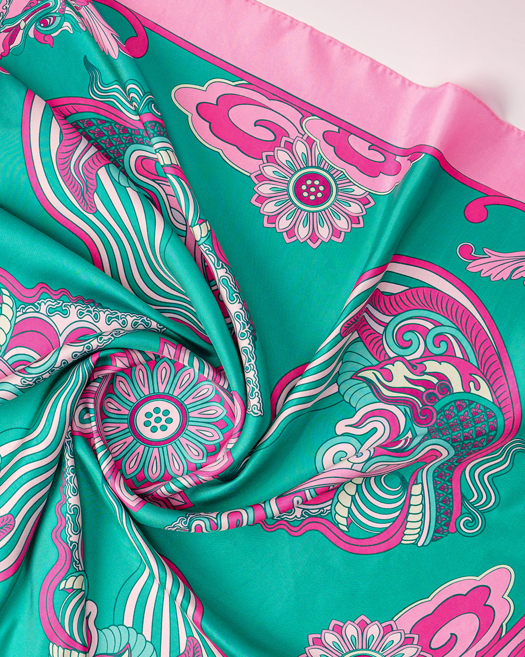 Dragon Dreams Silk Scarf / Pink & Turquoise / 110x110cm / 44x44in