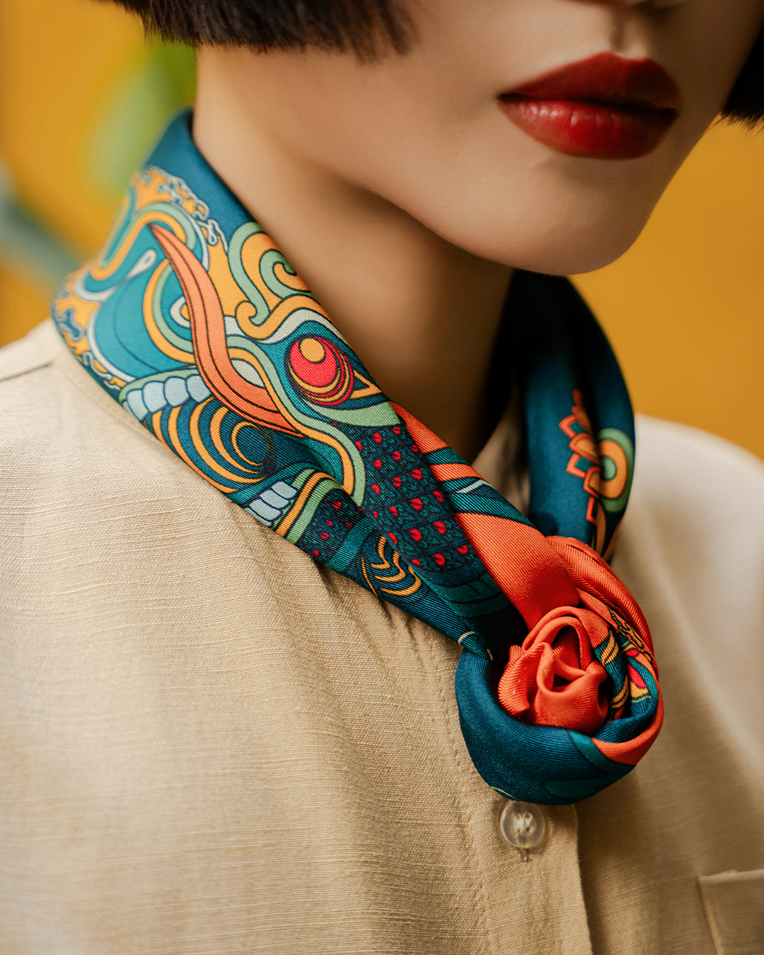 Dragon Dreams Silk Square Scarf / Orange & Dark Green