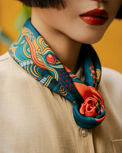 Dragon Dreams Silk Square Scarf / Orange & Dark Green