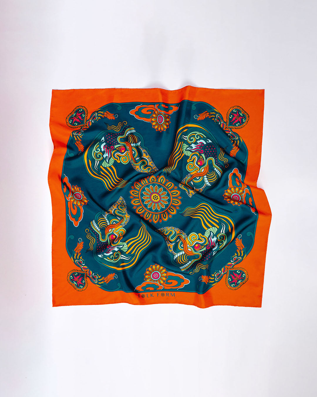 Dragon Dreams Silk Square Scarf / Orange & Dark Green