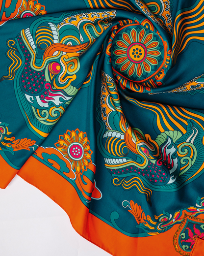 Dragon Dreams Silk Square Scarf / Orange & Dark Green