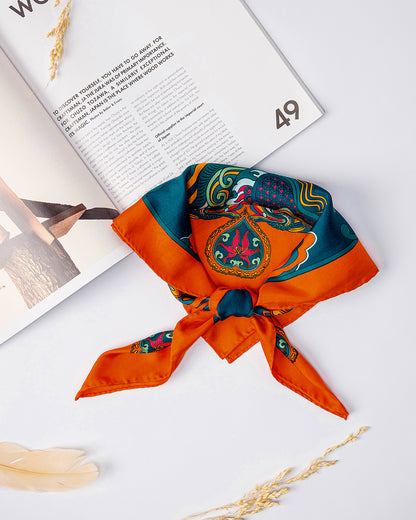 Dragon Dreams Silk Square Scarf / Orange & Dark Green