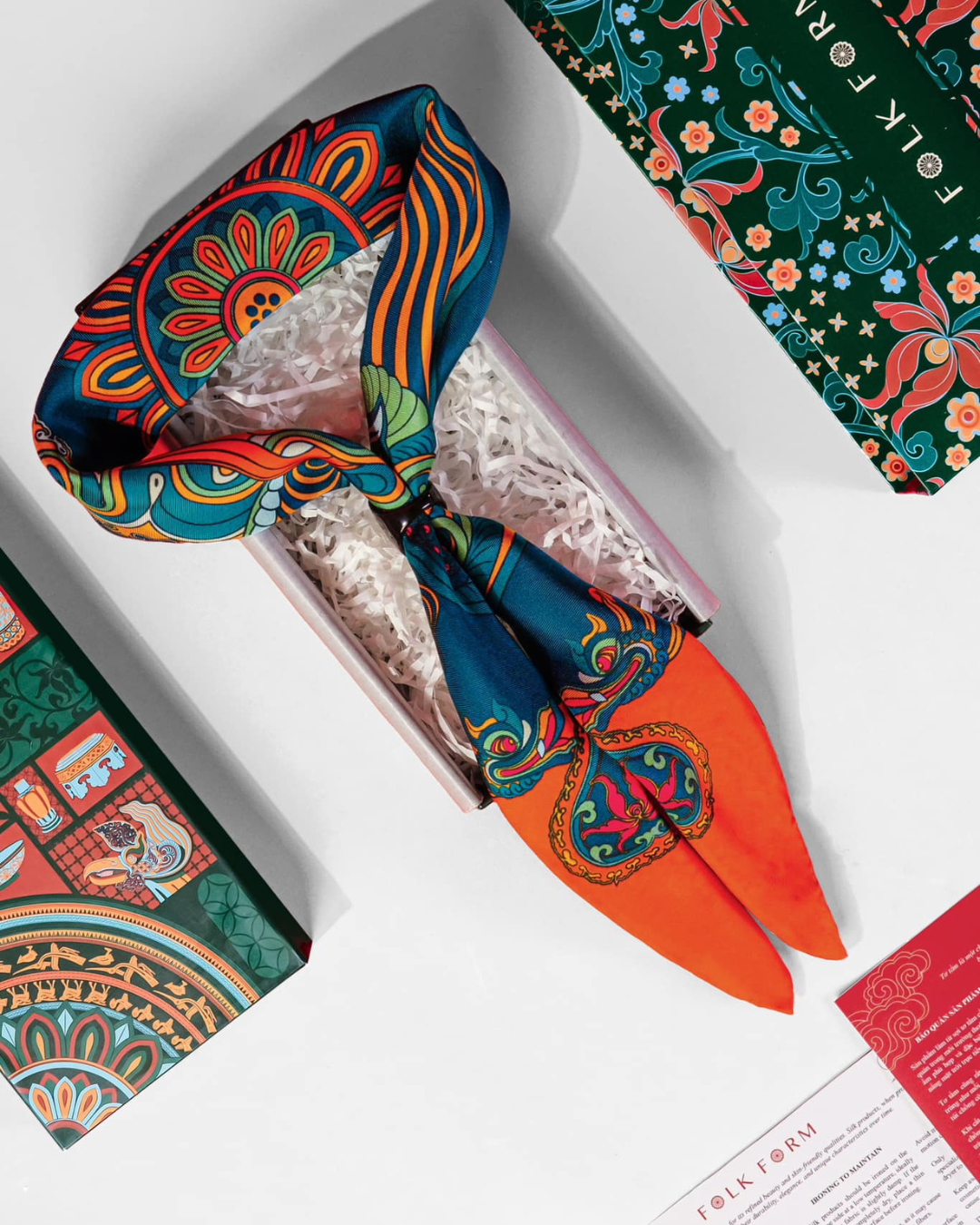 Dragon Dreams Silk Square Scarf / Orange & Dark Green