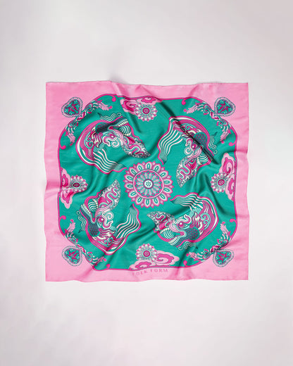 Dragon Dreams Silk Scarf / Pink & Turquoise / 55x55cm / 22x22in
