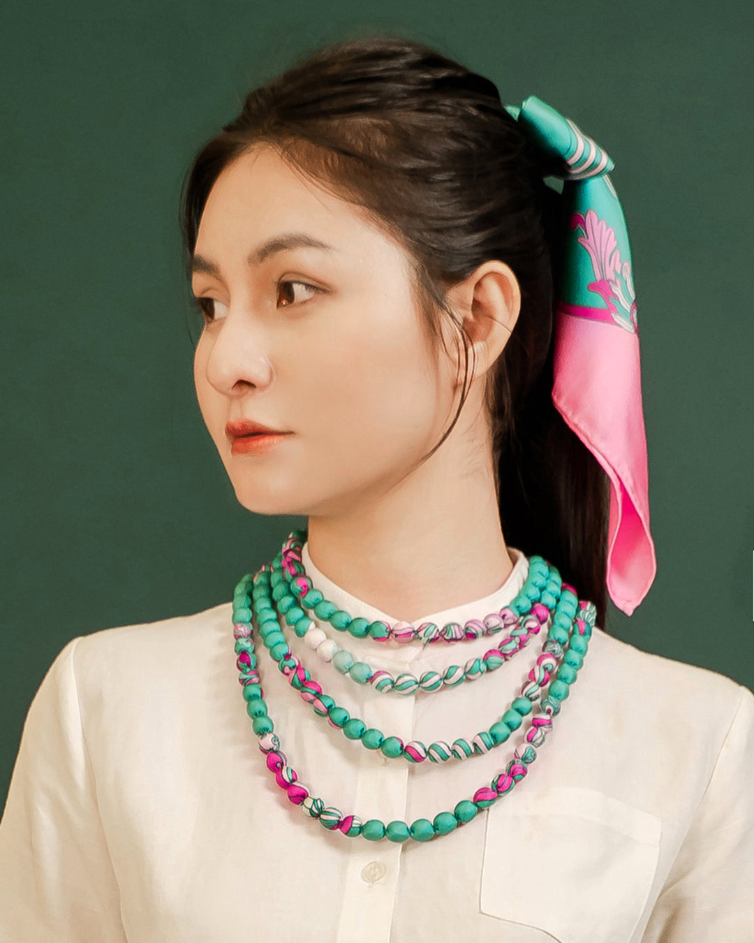 Dragon Dreams Silk Scarf / Pink & Turquoise / 55x55cm / 22x22in