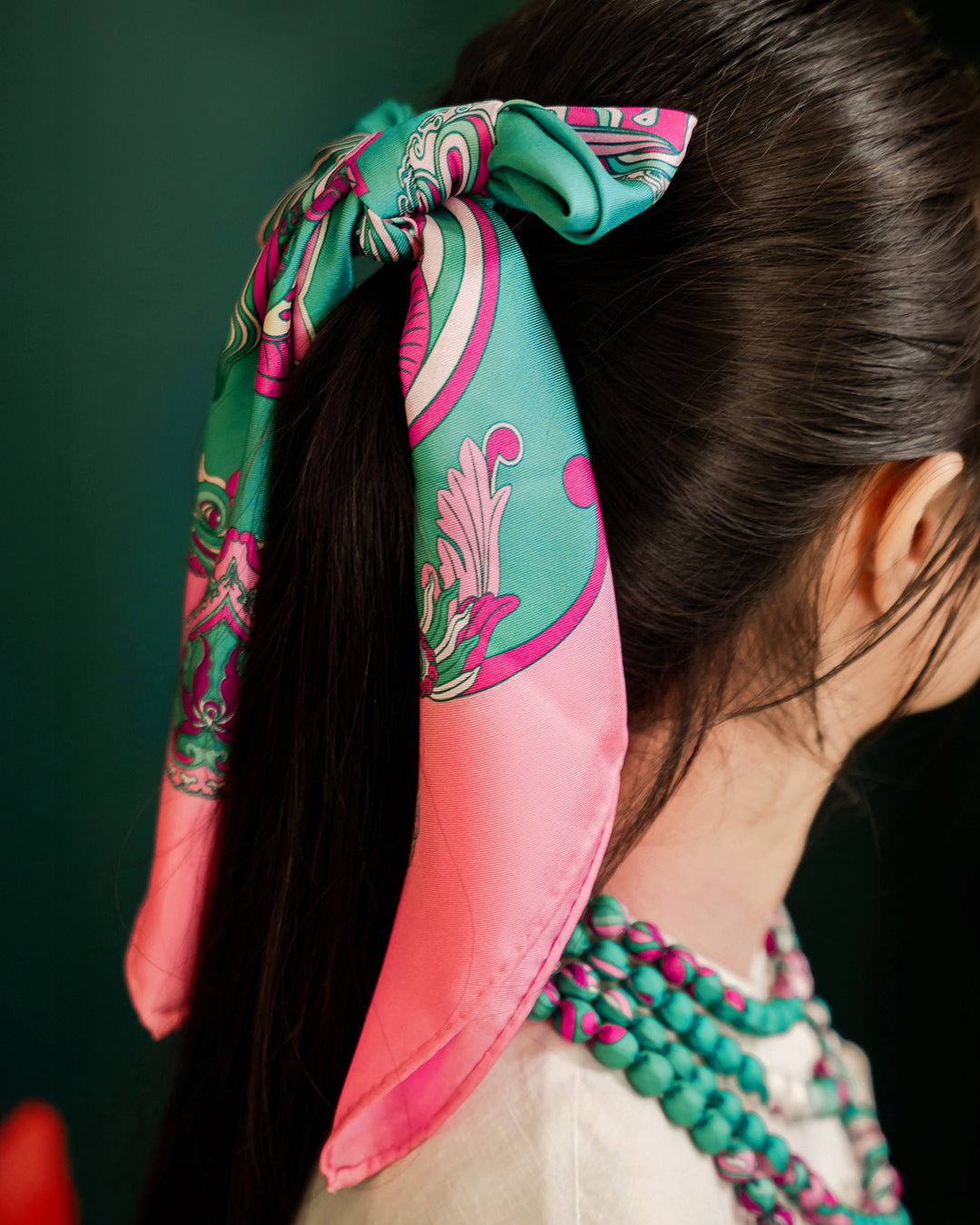 Dragon Dreams Silk Scarf / Pink & Turquoise / 55x55cm / 22x22in
