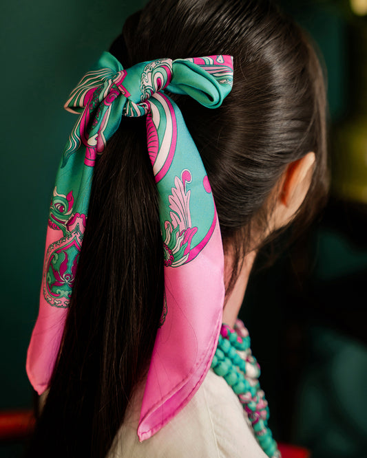 Dragon Dreams Silk Scarf / Pink & Turquoise / 55x55cm / 22x22in
