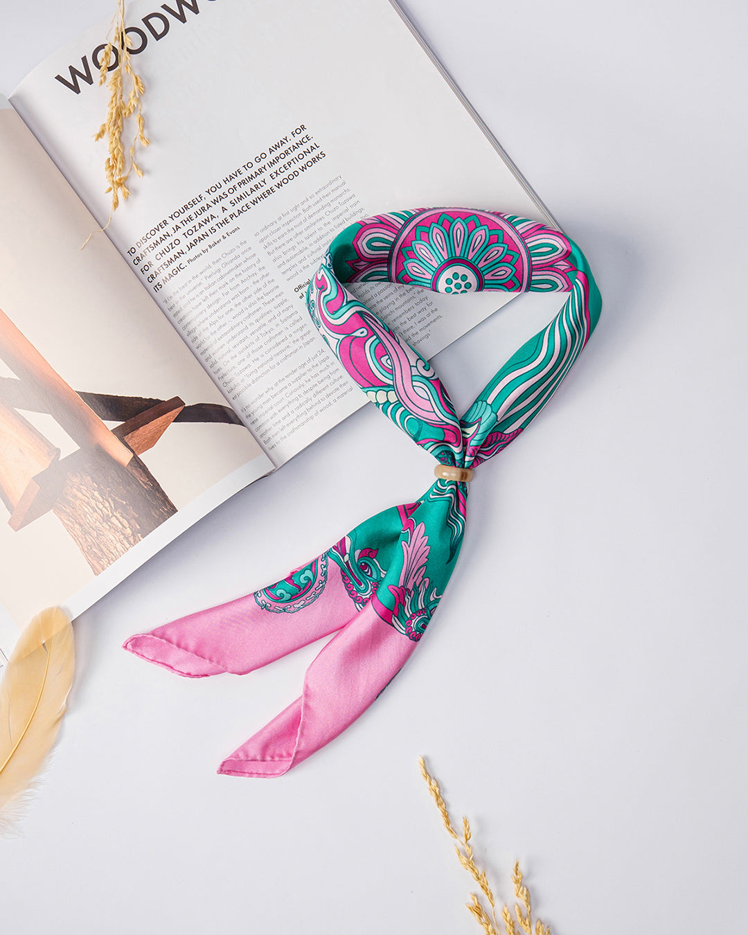 Dragon Dreams Silk Scarf / Pink & Turquoise / 55x55cm / 22x22in