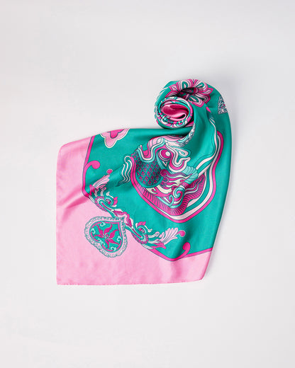 Dragon Dreams Silk Scarf / Pink & Turquoise / 55x55cm / 22x22in