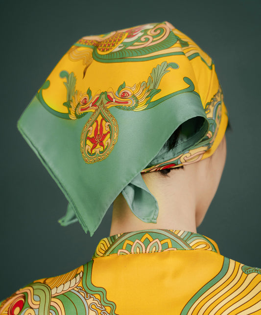 Dragon Dreams Silk Scarf / Green & Yellow / 55x55cm / 22x22in