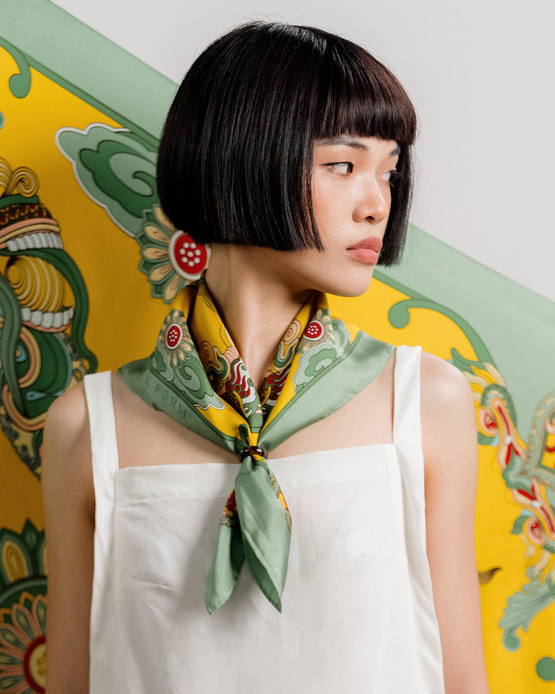 Dragon Dreams Silk Square Scarf / Green & Yellow