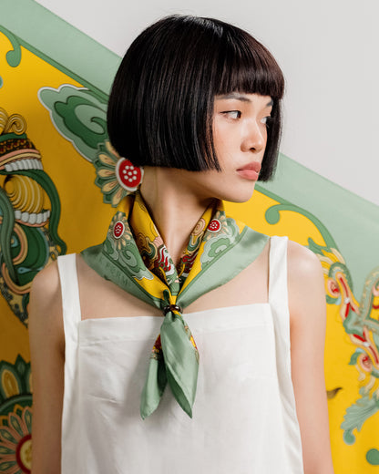 Dragon Dreams Silk Square Scarf / Green & Yellow