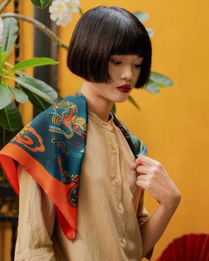 Dragon Dreams Silk Scarf / Orange & Dark Green / 65x65cm / 26x26in
