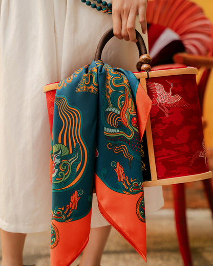 Dragon Dreams Silk Square Scarf / Orange & Dark Green