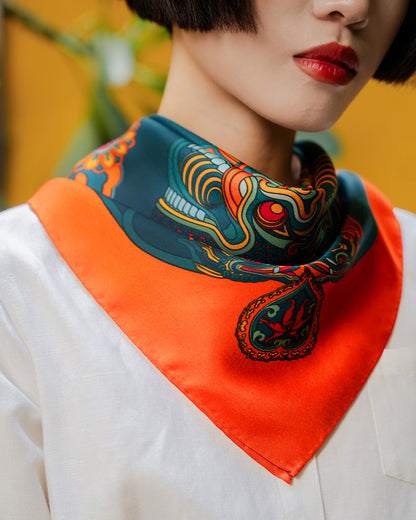 Dragon Dreams Silk Square Scarf / Orange & Dark Green