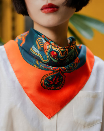 Dragon Dreams Silk Scarf / Orange & Dark Green / 65x65cm / 26x26in
