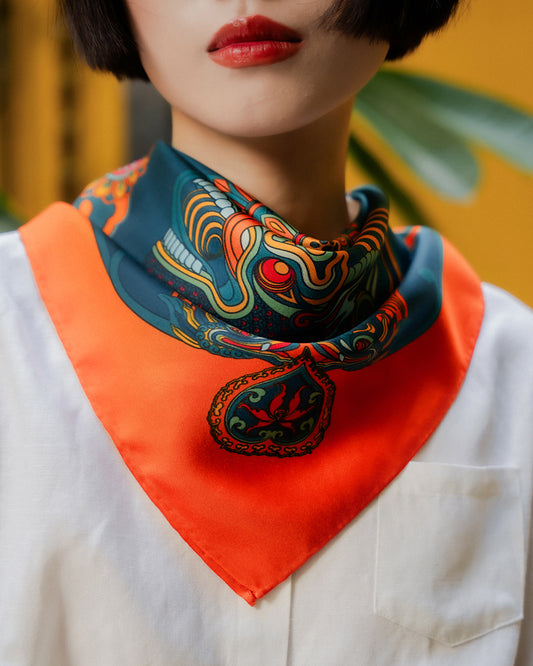 Dragon Dreams Silk Scarf / Orange & Dark Green / 65x65cm / 26x26in