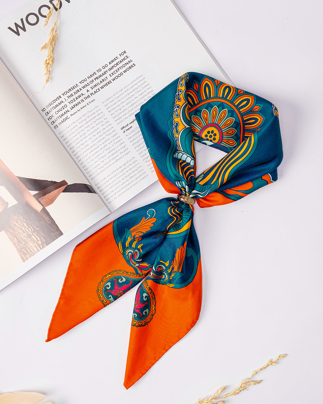 Dragon Dreams Silk Square Scarf / Orange & Dark Green