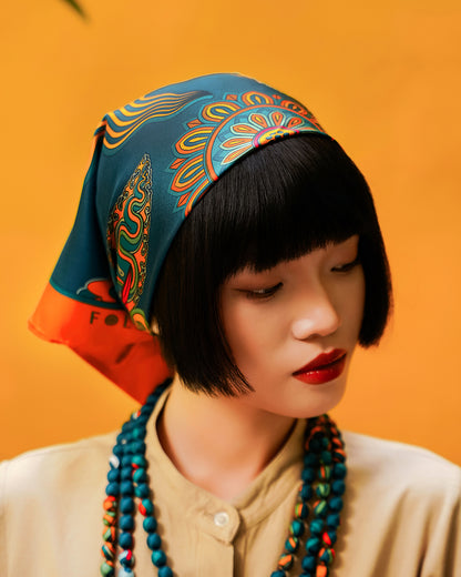 Dragon Dreams Silk Square Scarf / Orange & Dark Green