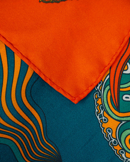 Dragon Dreams Silk Scarf / Orange & Dark Green / 65x65cm / 26x26in