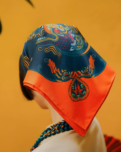 Dragon Dreams Silk Square Scarf / Orange & Dark Green