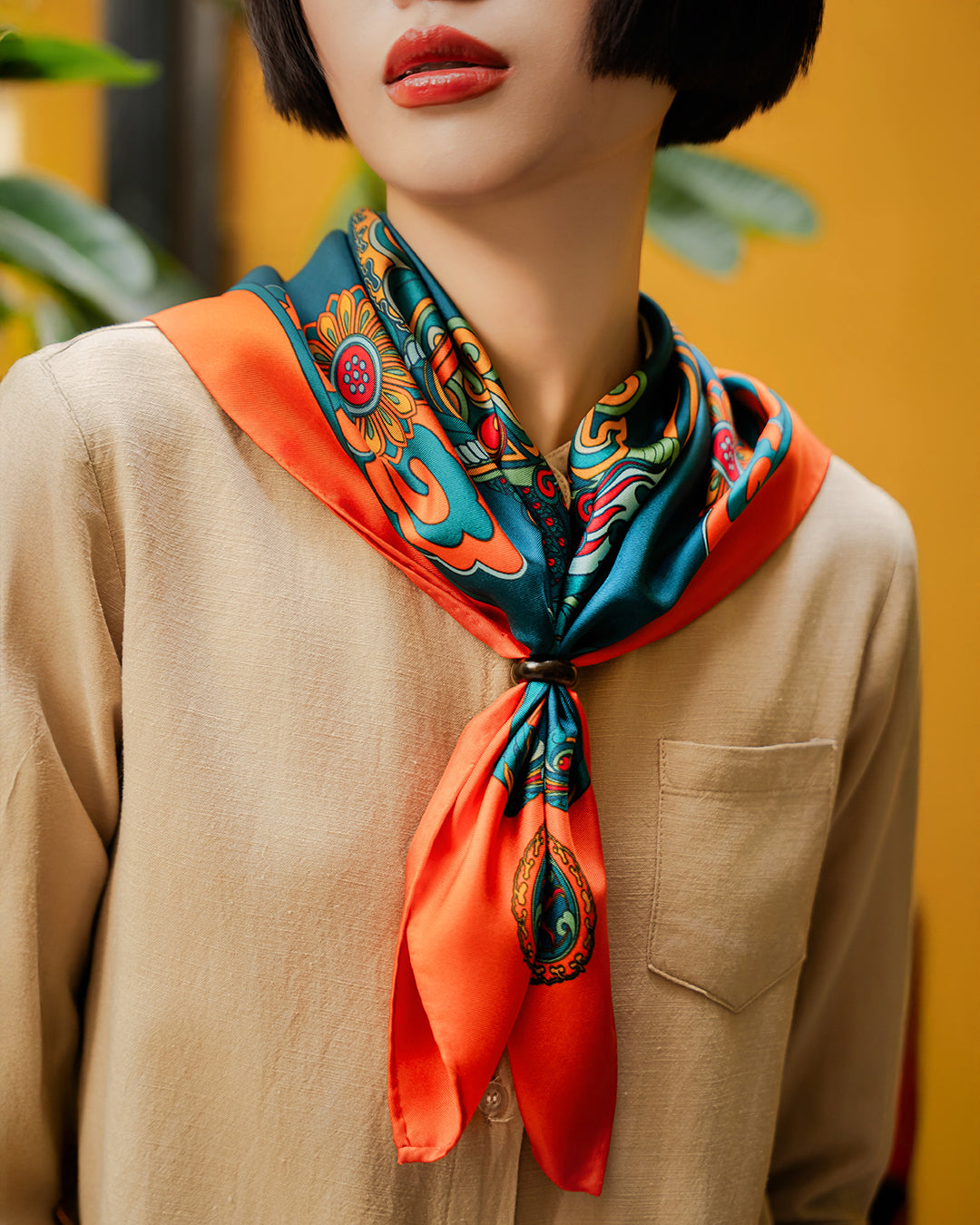 Dragon Dreams Silk Square Scarf / Orange & Dark Green
