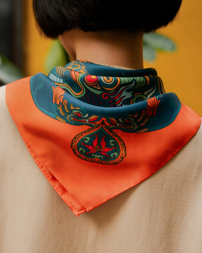 Dragon Dreams Silk Square Scarf / Orange & Dark Green