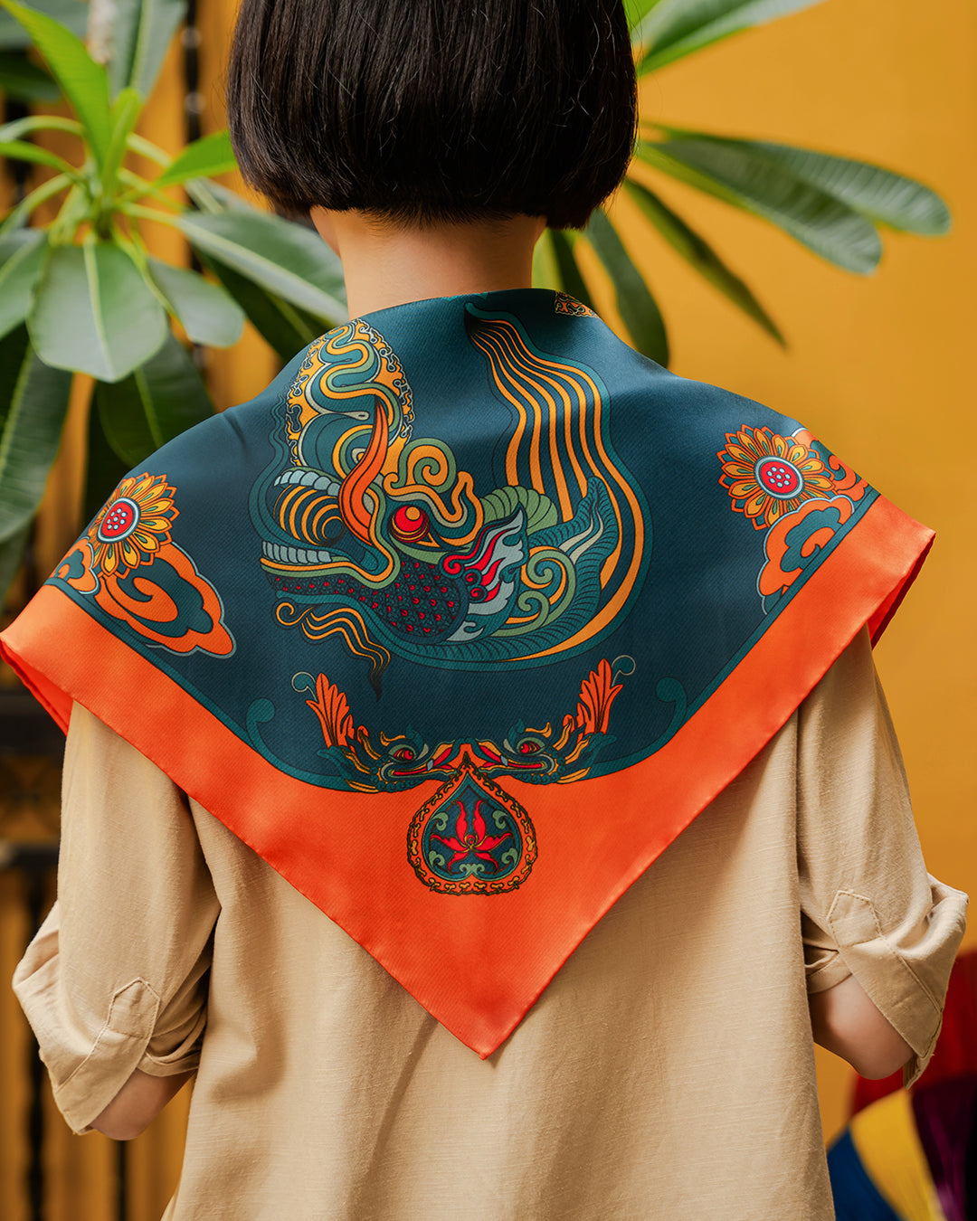 Dragon Dreams Silk Square Scarf / Orange & Dark Green