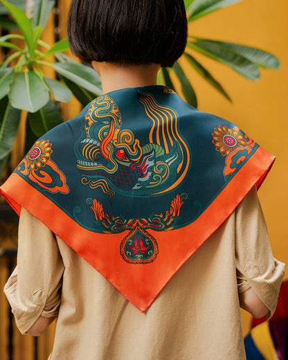 Dragon Dreams Silk Square Scarf / Orange & Dark Green