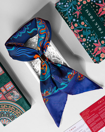 Dragon Dreams Silk Scarf / Navy Blue / 65x65cm / 26x26in