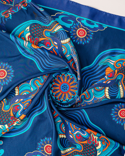 Dragon Dreams Silk Scarf / Navy Blue / 65x65cm / 26x26in