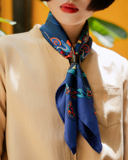 Dragon Dreams Silk Scarf / Navy Blue / 65x65cm / 26x26in