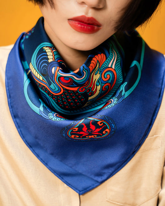 Dragon Dreams Silk Scarf / Navy Blue / 65x65cm / 26x26in