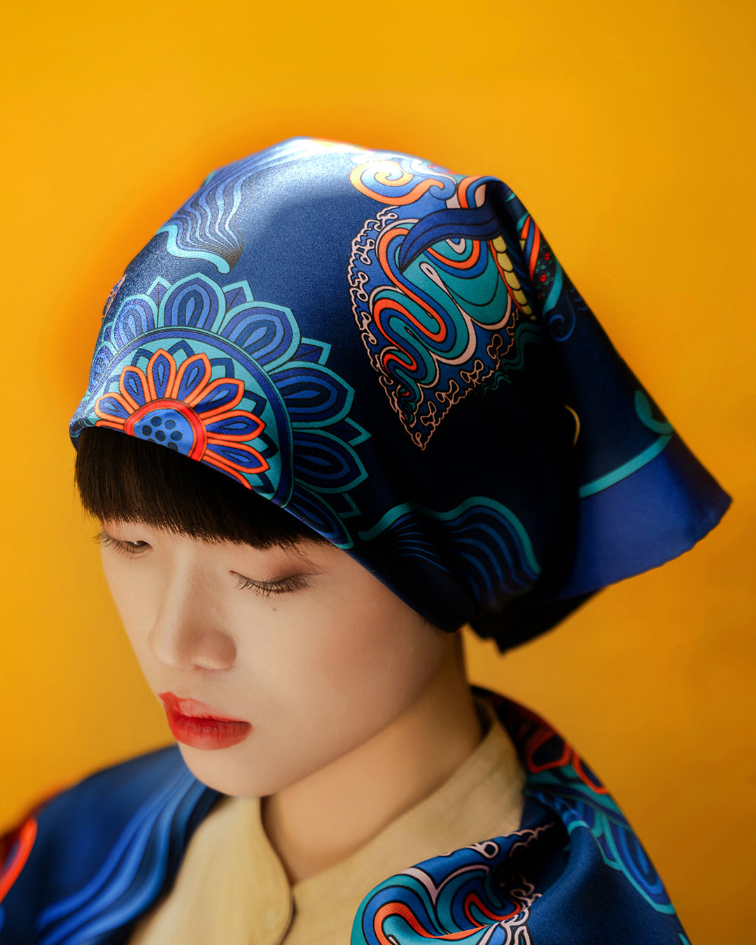 Dragon Dreams Silk Scarf / Navy Blue / 65x65cm / 26x26in
