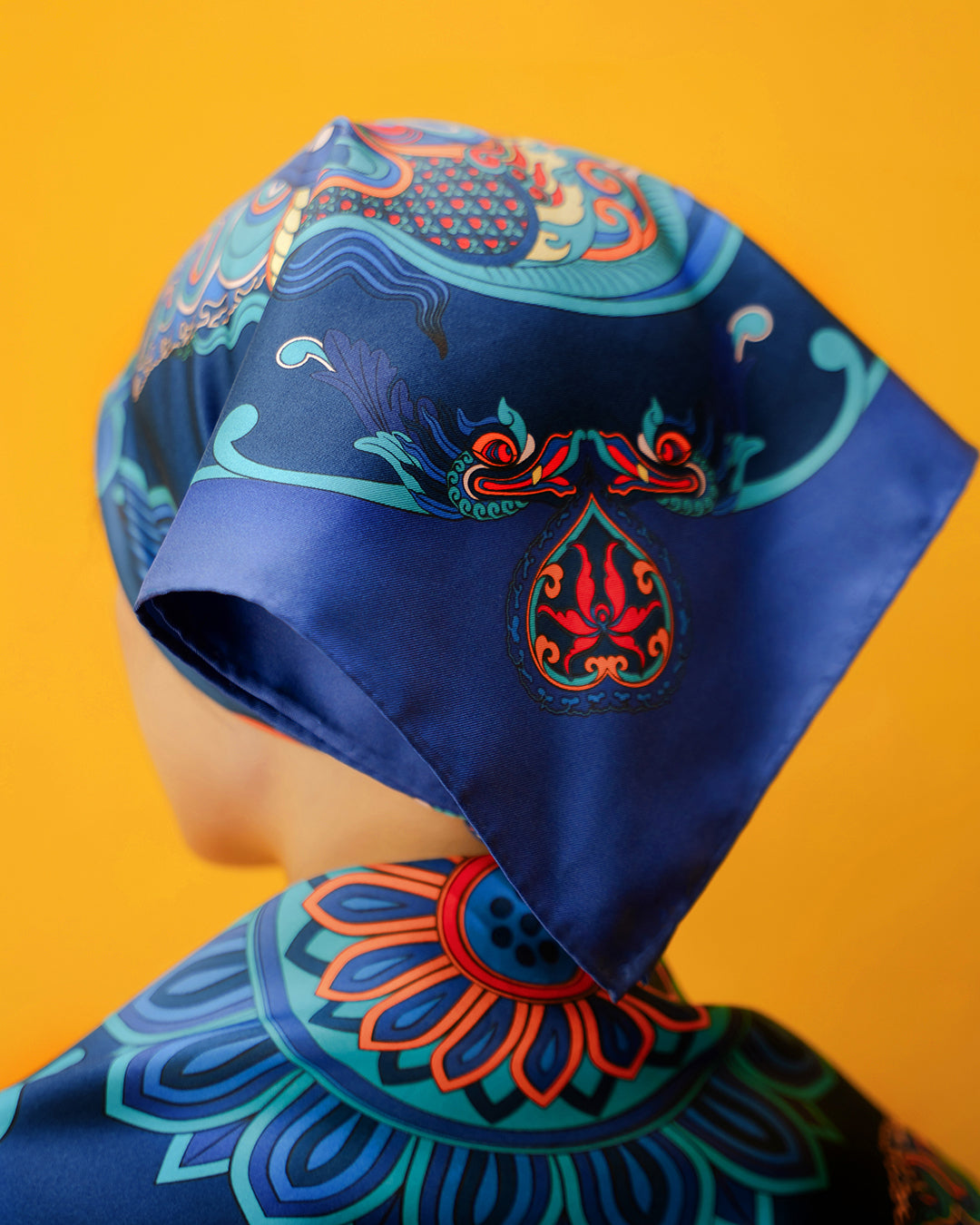 Dragon Dreams Silk Scarf / Navy Blue / 65x65cm / 26x26in